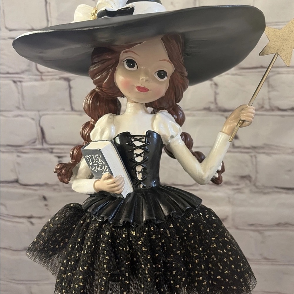 Whimsical Witch Figurine with Black Cat Wand Black Magic Book Halloween 15 Inch - Picture 5 of 6